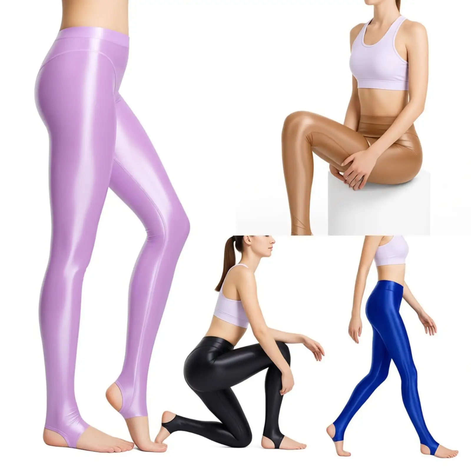

Women Glossy Stretchy Stirrup Leggings Control Rolling Up High Waist Slim Fit Tights Skinny Pants for Yoga Fitness Gym Sports