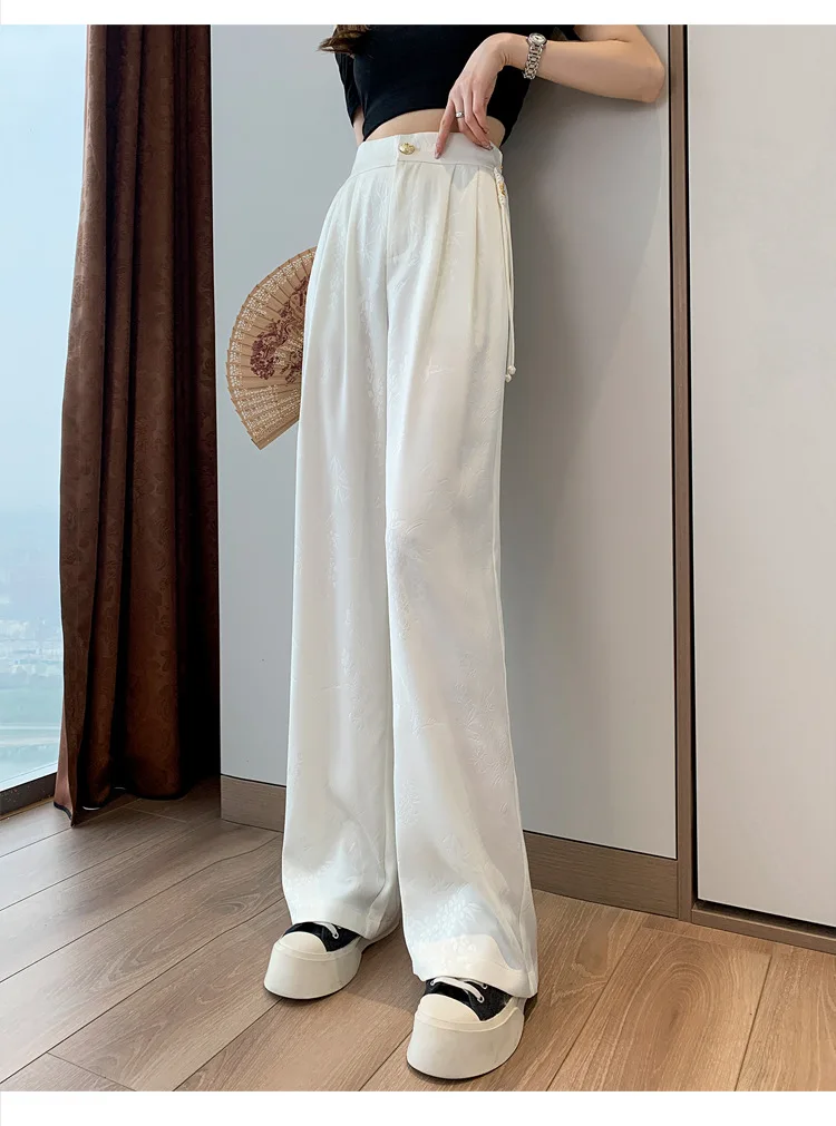 XIZOU 새로운 중국 스타일 자카드 와이드 레그 새틴 바지 여성용 우아한 솔리드 오피스 레이디 여성 캐주얼 루즈 팬츠