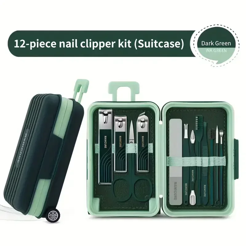 12Pcs Nail Clippers Manicure Tool Set with Travel Suitcase Grooming Stainless Steel Nail Cutter Professional Pedicure Nail Tools