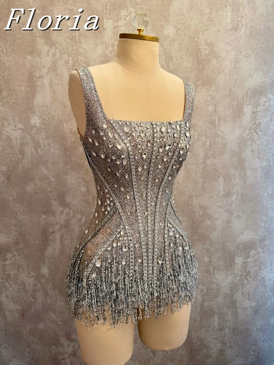 

Birthday Celebrate Party Outfit Sparkly Crystals Tassel Mini Dress Sexy Women Luxury Square Collar Couture Dance Wear
