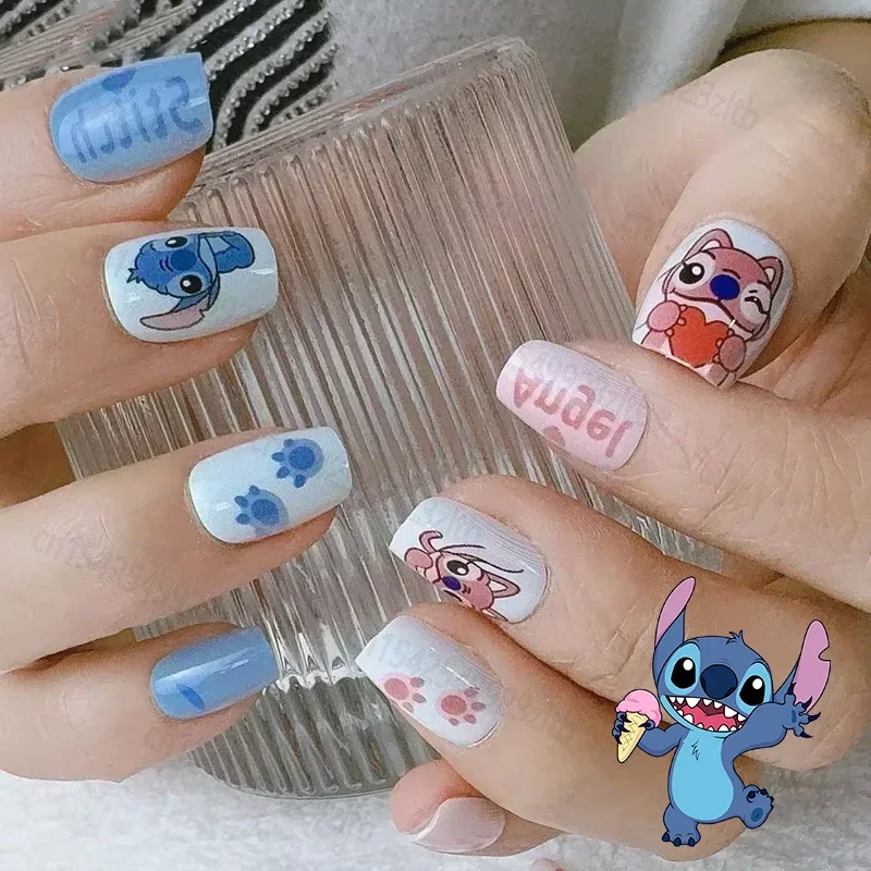 10PCS/Set Disney Stitch Nail Stickers Anime Wearable Nails Cartoon Short Ladder Nail Patch Artificial Manicure Girl Toy Gift