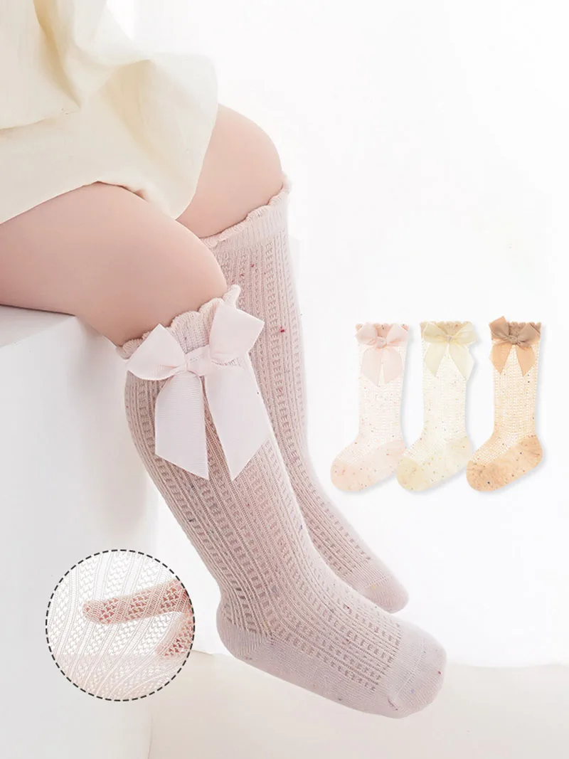 4 Pairs a Lot Summer Kids Socks 0-5T Girls Cute Bow Knee-high Socks Thin Breathable Children Mesh Stockings
