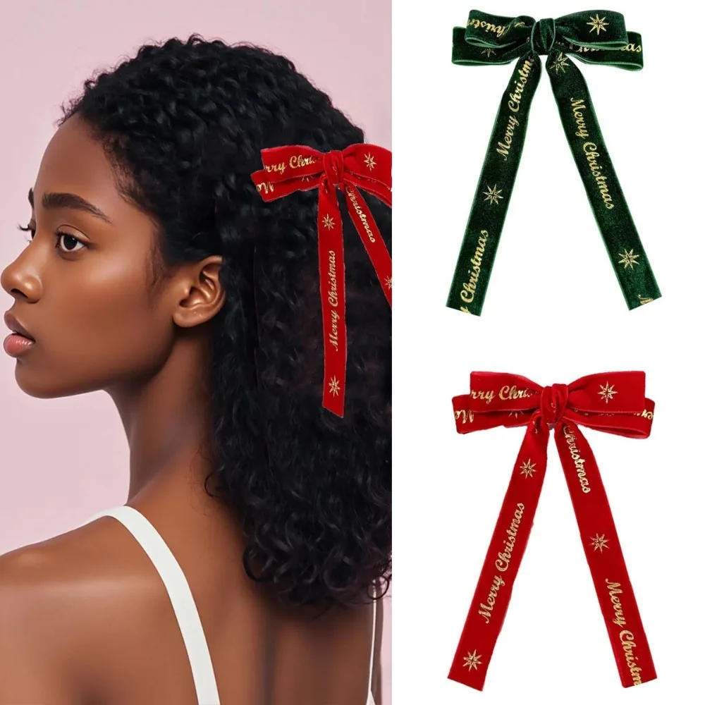 Soft Alloy Christmas Hair Clip Red Sweet Bow Hair Accessory Green Sparkling Velvet Ribbon Headdress Women