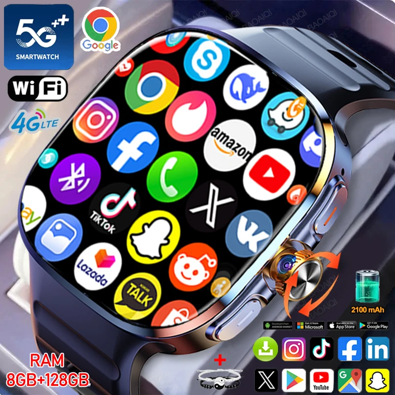8GB + 128GB RAM 5G / 4G ساعة ذكية 2.4 بوصة AMOLED 2100mah بطارية 900W كاميرا GPS WIFI Google APPS تنزيل Smartwatch Android 10