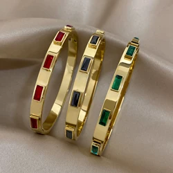 DODOHAO Vintage Inlay Geometric Multicolor Zircon Stainless Steel Bangles Bracelets for Women New Stylish Gold Color Unusual Wri