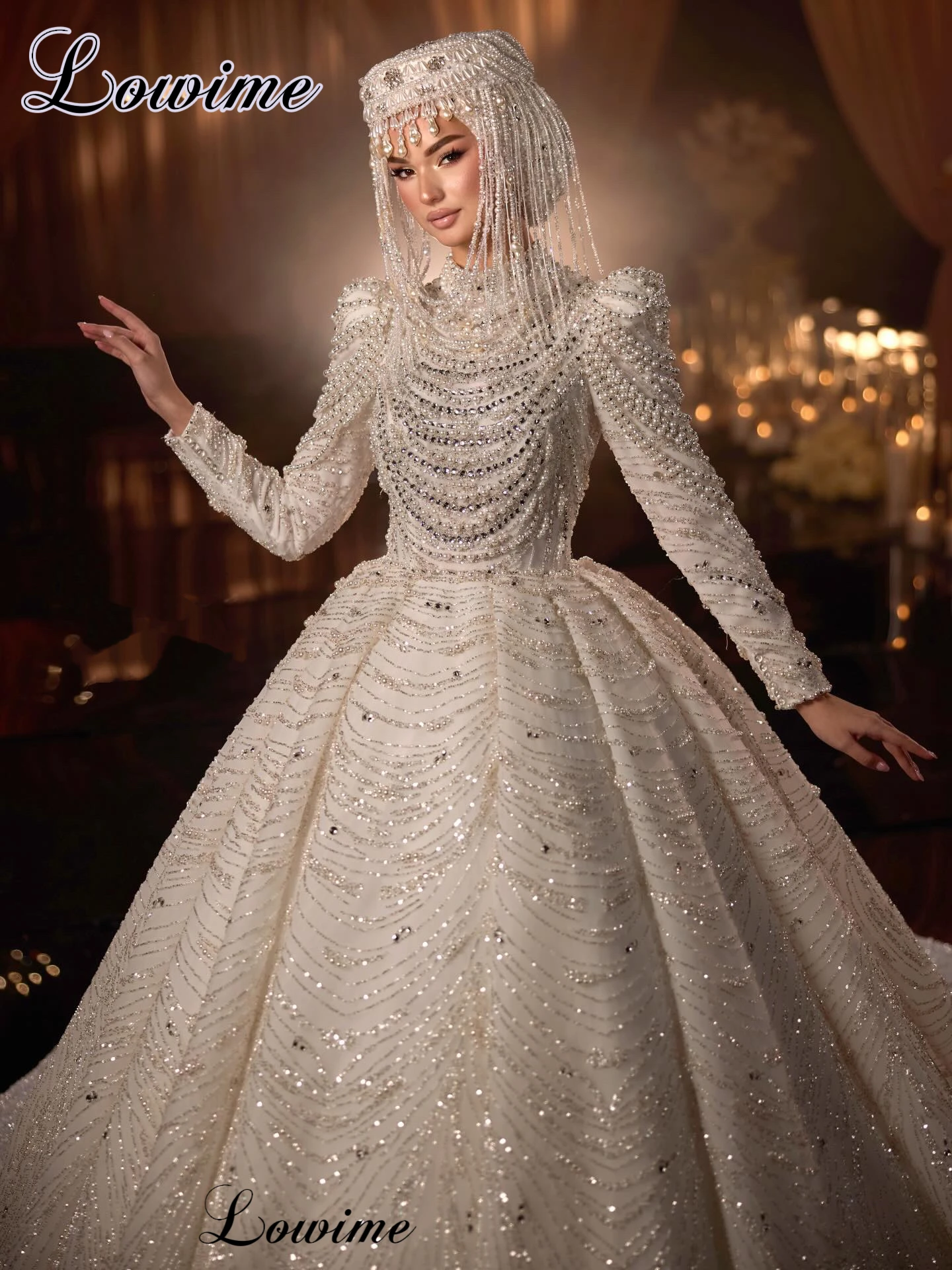 2027 New Luxury Wedding Dresses With Pearls Dubai Long Sleeves Chapel Wedding Gown Elegant Bridal Gown Vestido Blanco Customized
