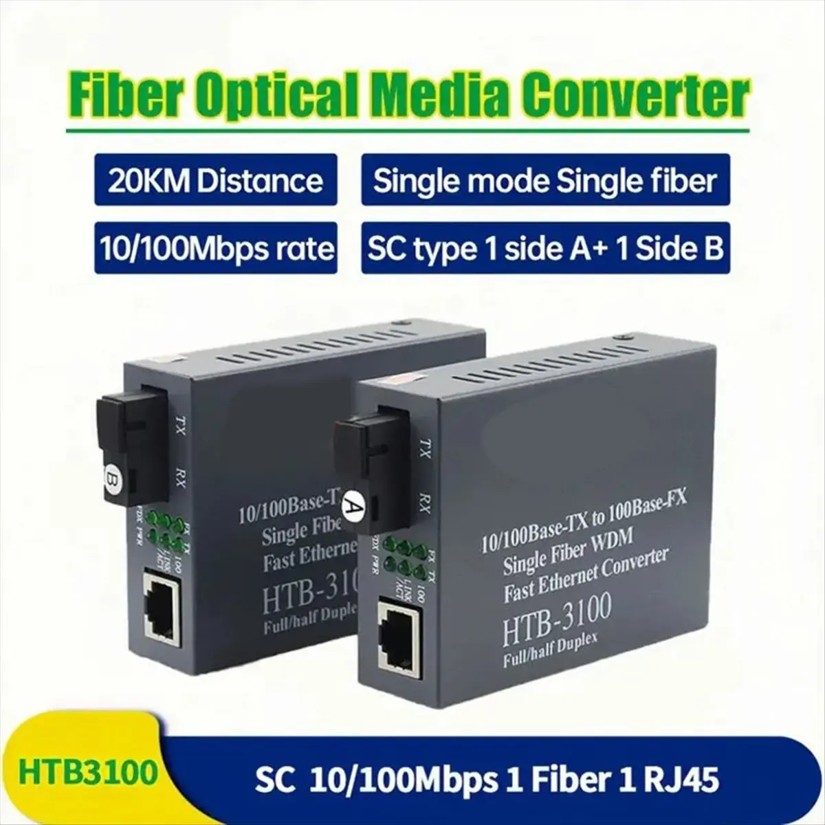 A10I -3100 Media Converter Optical Fiber Single-Mode 1310/1550nm Popular Ethernet Switch WDM Media Converter EU Plug