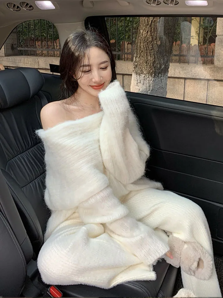 

Slimming Effect White Mid-Length One-oulder Sweater Set for plus Size Women Comfortable Loose Fit Korean Sle Knitwear