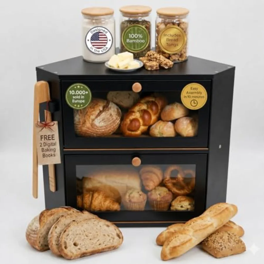 

Corner Bread Box for Kitchen Countertop Bamboo Bread Box with Airtight Design, Dual Divided Compartments, Magnetic Closures, No