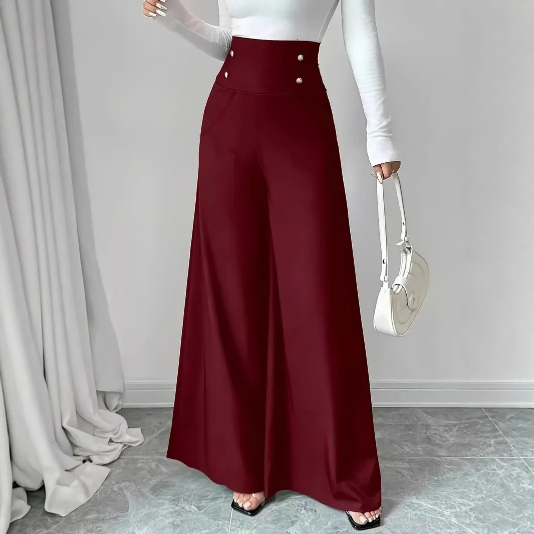 Women's Fashionable and Elegant Solid Color Wide-Leg Pants for Spring and Autumn  High Waisted Pants Office Commuting Trousers