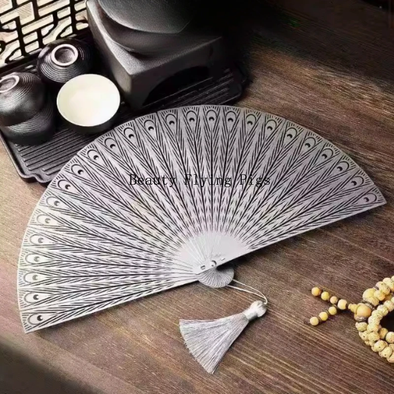 

1pc Chinese Style Metal Fan Ornament Portable Foldable Fan Dance Props Decorative Craft Fan Metal Handicrafts Home Decoration