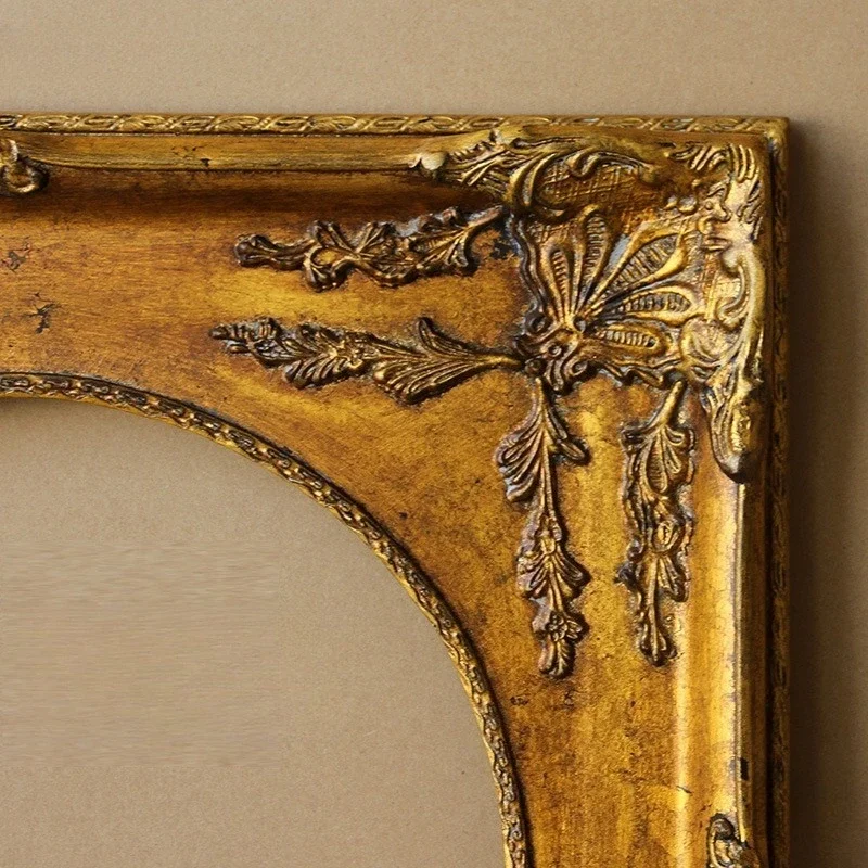 ヨーロッパ産無垢材丸型、額縁、油絵装飾済み、金箔丸型フォトフレーム、フレーム幅