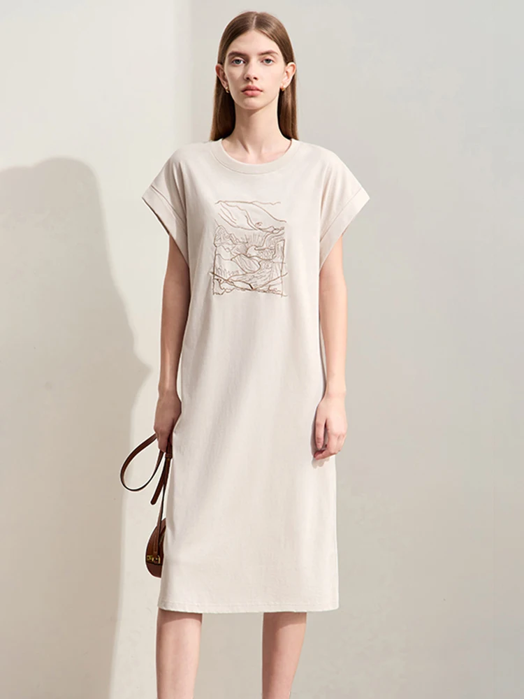 Amii Minimalism 2024 Summer Women Dresses New Raglan Sleeve Embroidery With Belt Loose Chic Lady Straight Midi Dress 12442118