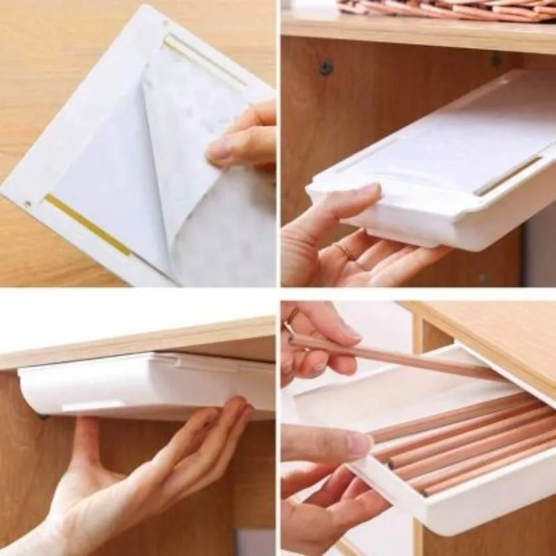 1 plastic concealed self-adhesive under table storage drawer - no drilling adhesive, suitable for office and student desktops