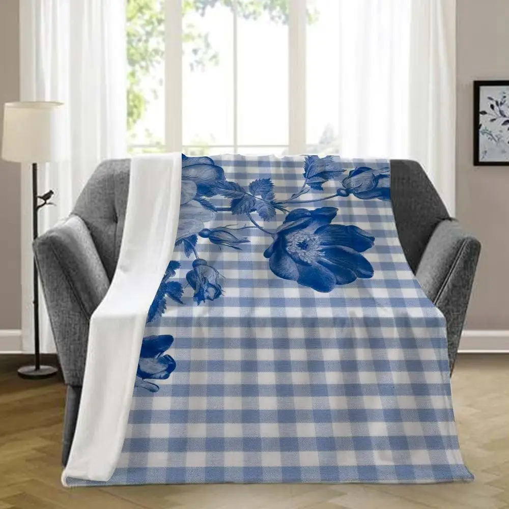 Classic Blue Plaid Floral Throw Blanket, Retro Sketch Rose Gingham Blanket For Bedroom Home Decor Throw Blanket Aesthetic Portab