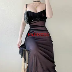 Prom Dresses Spaghetti Straps Mermaid Party Gowns Floor Length Pleat V Neck Lace Beading Vestidos Para Mujer Elegantes y Bonitos