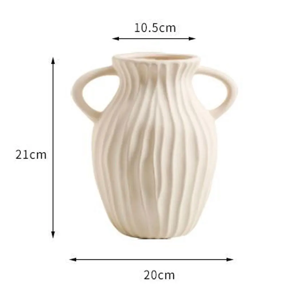 Beige White Ceramic Vase with 2 Handles Modern Farmhouse Ivory Flower Vase for Table Libing Room Home Decor