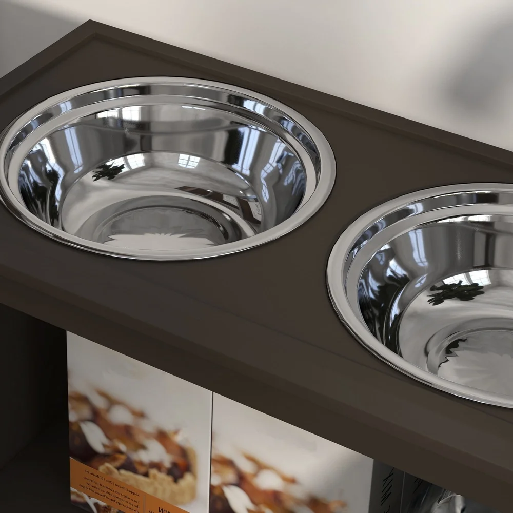 خزانة تخزين طعام الكلاب مع محطة تغذية مرتفعة وأوعية من الفولاذ المقاوم للصدأ قابلة للإزالة وإسبريسو للكلاب الكبيرة