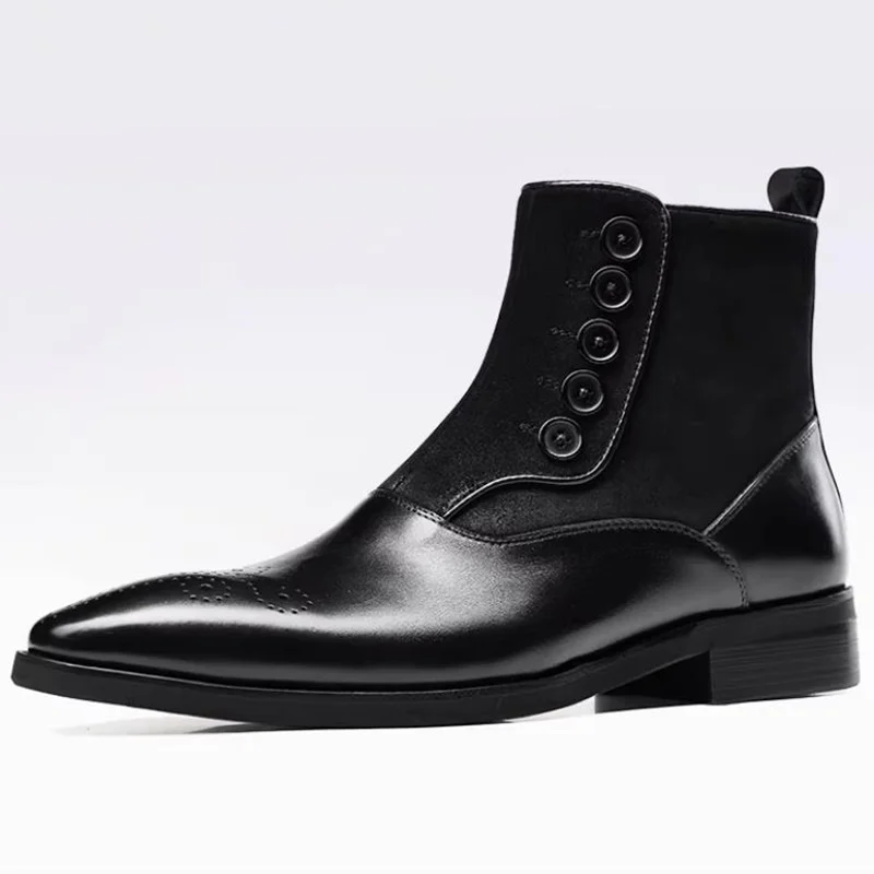 High-end Men's Cowhide Chelsea Italian Men Knight Boots Man Dress Boots Buckle Button Work Boots Pointed Toe Shoes Men