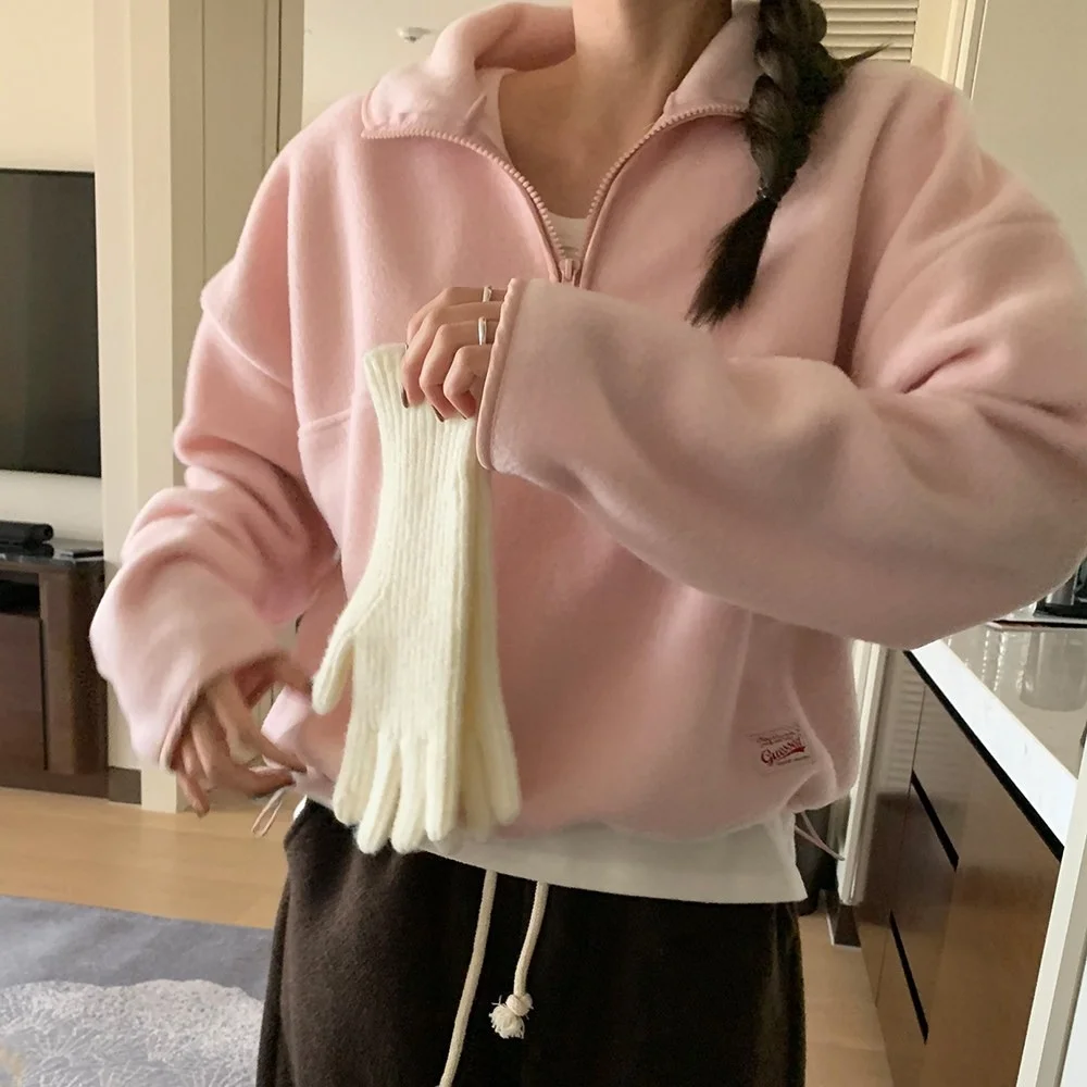 Women's Zipper Fleece Sweatshirt Jacket Half High Collar Straight Cut Long Sleeve Short Style Casual Fashion Autumn New Arrival