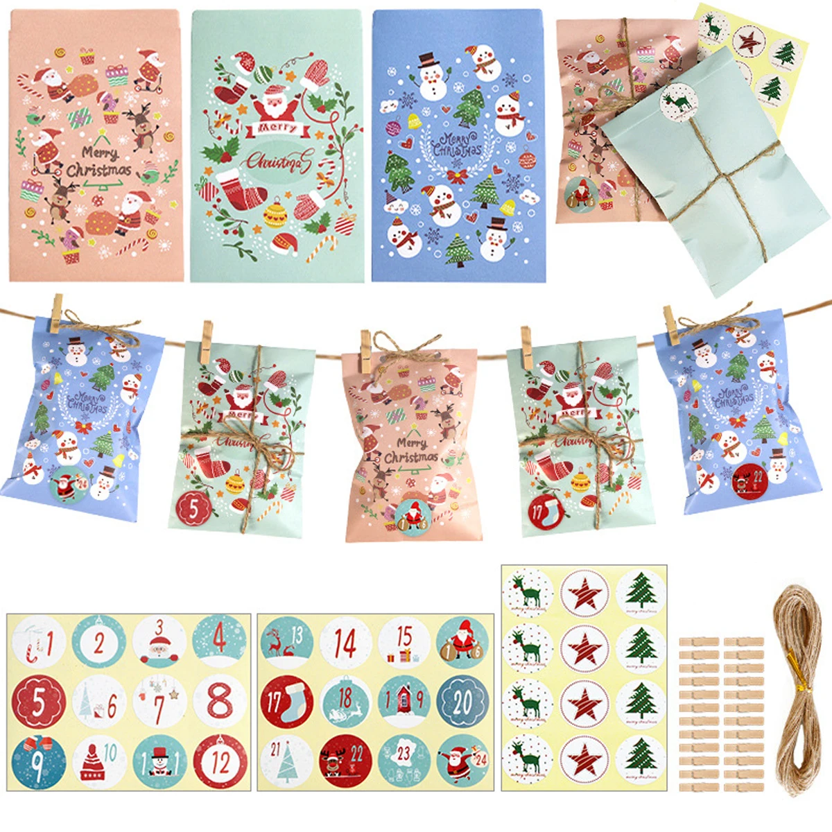 24Pcs Christmas Advent Calendar Bags Kit Envelope Shape Paper Gift Bags with 1 to 24 Countdown Number Stickers for Xmas Party