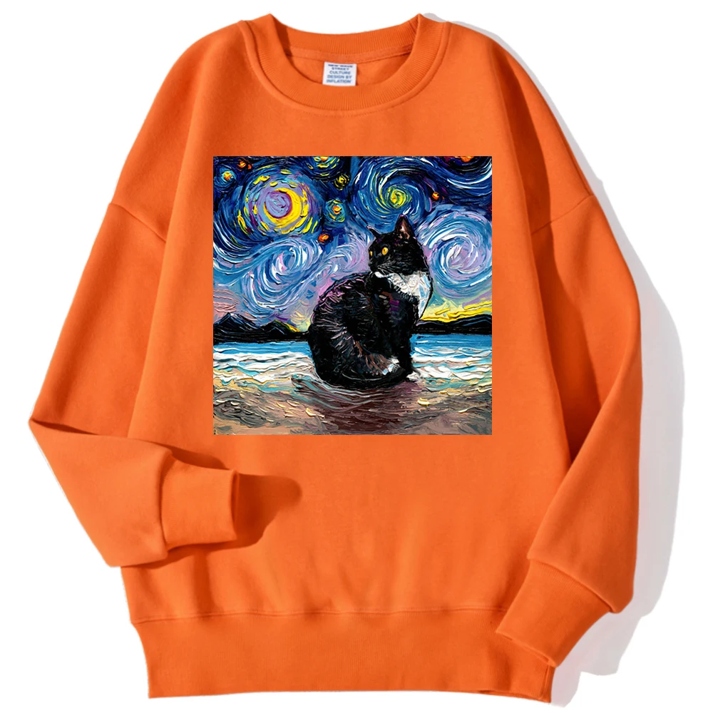 Cat Starry Sky Universe Prints Male Sweatshirt Fashion Loose Autumn Hoodies Soft Fleece Casual Pullovers Simple O-Neck Clothes