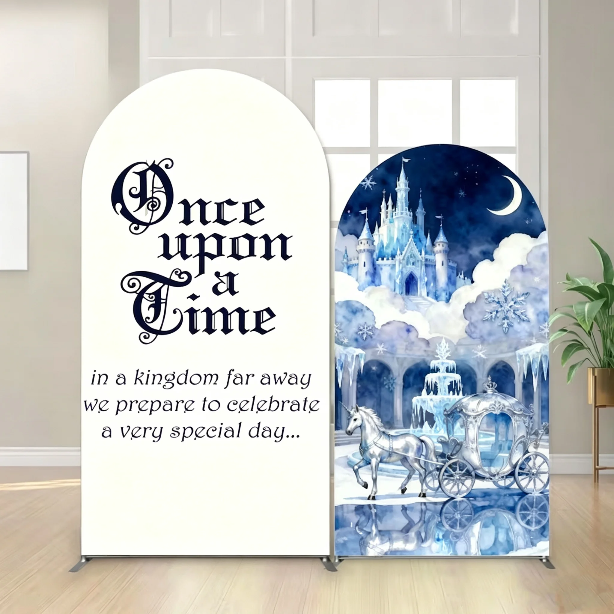 Once Upon A Time Arch Backdrop Cover Blue Frozen Castle Royal Carriage Winter Party Decor Princess Birthday Background Photo