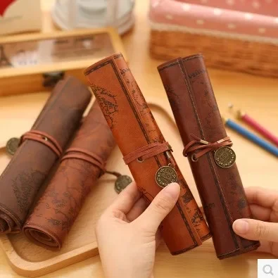 1PC Creative Treasure Map Retro Pencil Case Leather Large Capacity Roll Pencil Bag Embossed Buckle Simple Stationery Box Roll