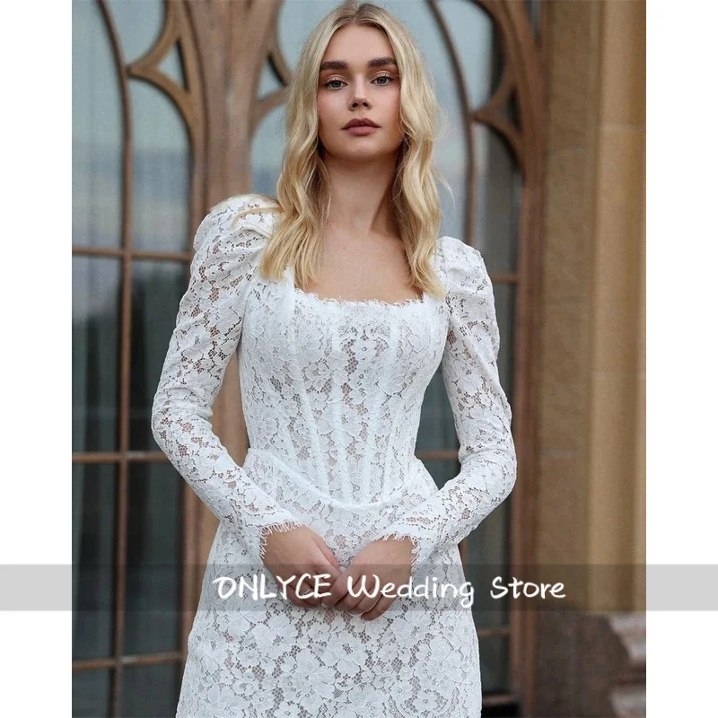 Suknia ślubna boho z długim rękawem, koronką, kwadratowym dekoltem, mini, plus size, vestidos de novia, szyta na miarę, wysoka jakość.