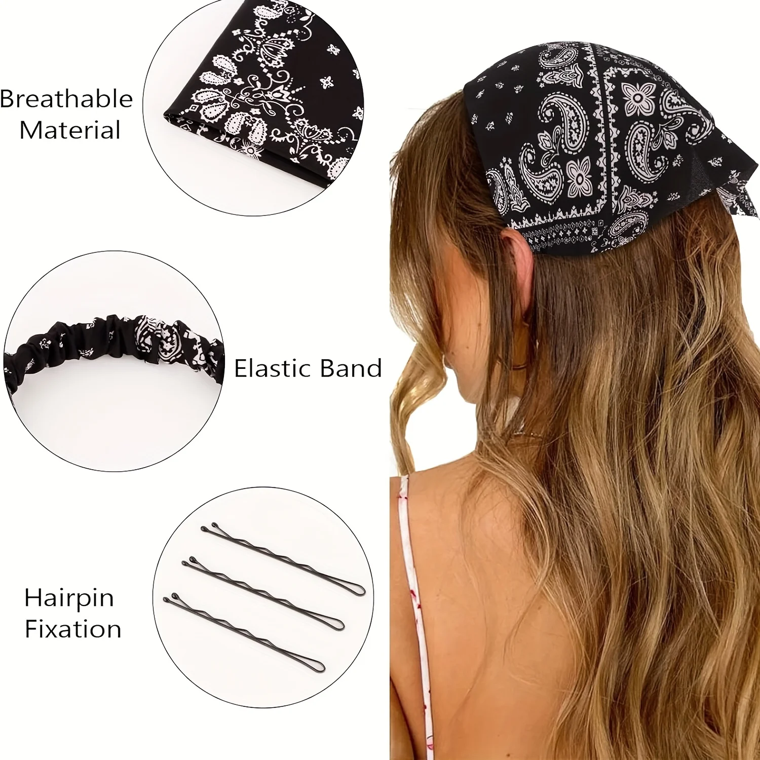 レディース三角弾性ヘッドスカーフ、レトロボヘミアンスタイルの滑り止めヘアアクセサリー4個。
