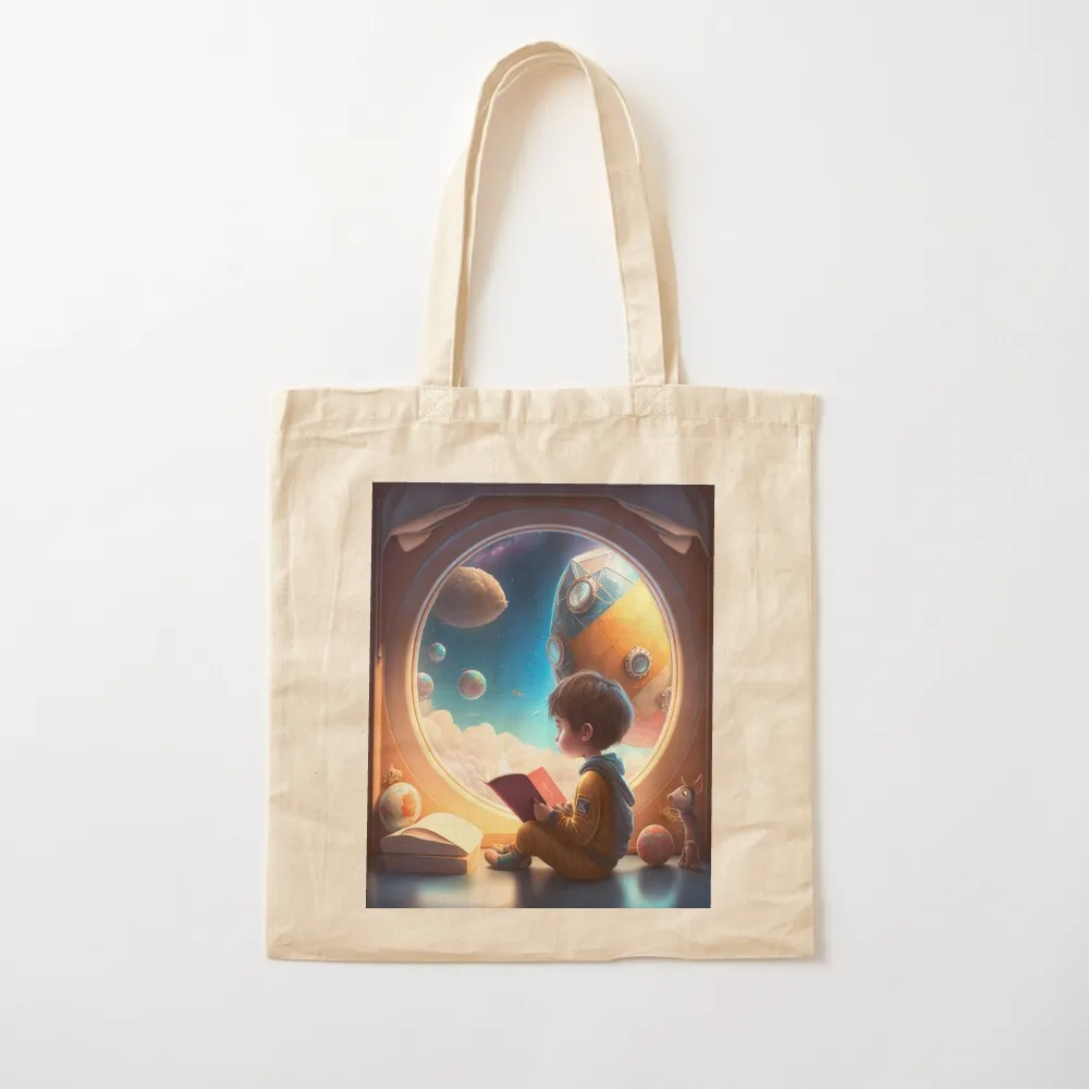 

Little boy reads his book and dreams in space, illustration for child Tote Bag Women's beach bags Canvas bag Canvas Tote Bag