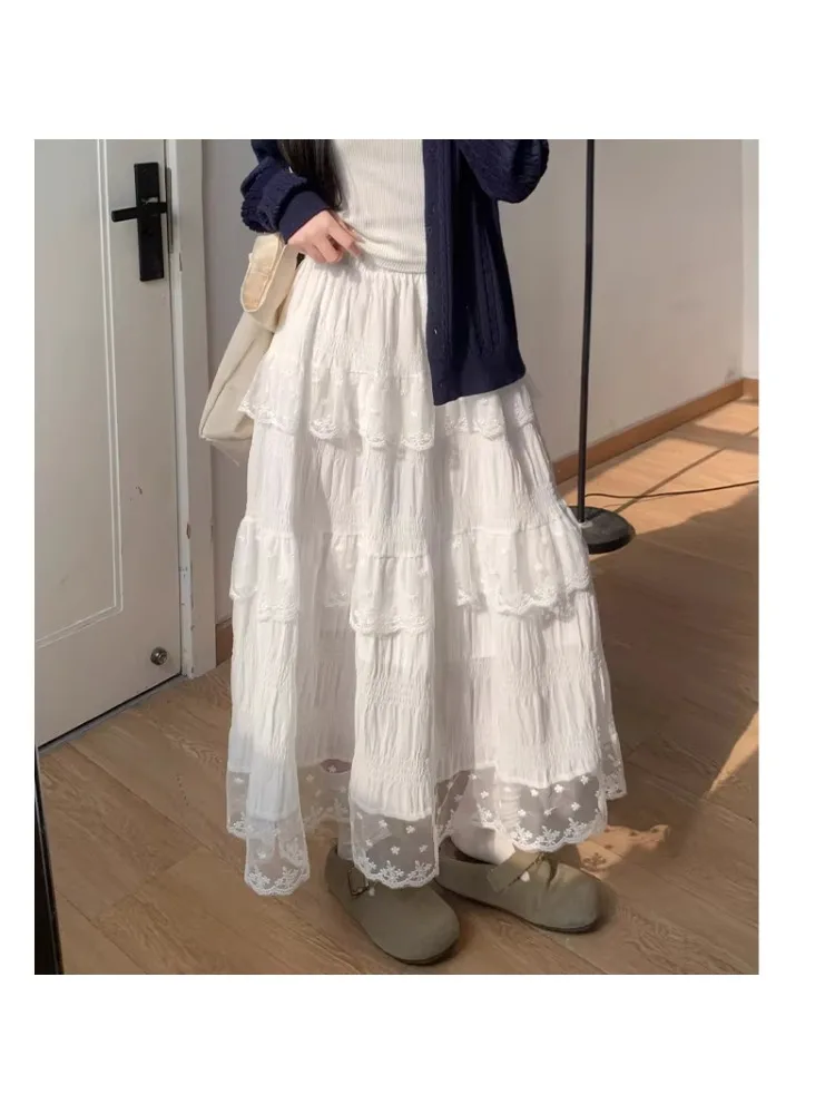 

White Lace Trim A-Line Midi Skirt Women's Spring Summer plus Size Loose Slimming High Waist Half-length Casual Skirt