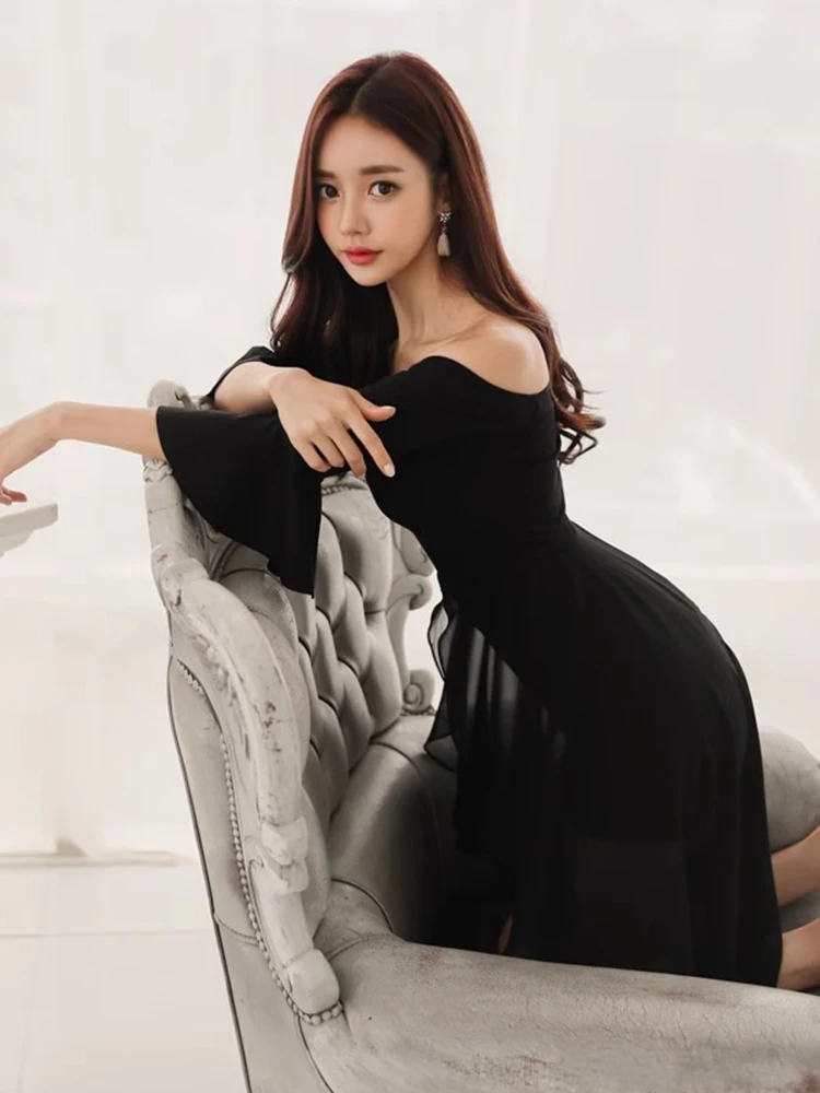 Korean Fashion Black Short Evening Dress Elegant Pretty Women Clothes Chic Sexy Off-Shoulder Slim Mini Party Prom Mujer Vestidos