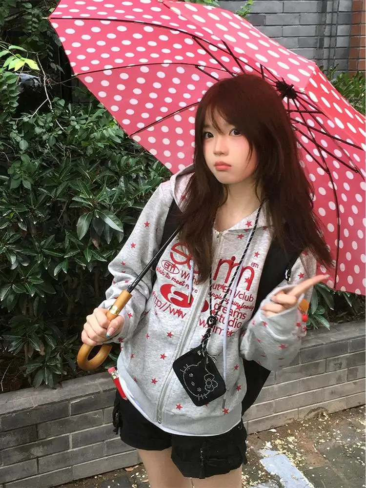 

Retro American Star Print Hooded Open Cardigan Sweatshirt Women's Autumn Winter Loose Slimming Casual Top Trendy