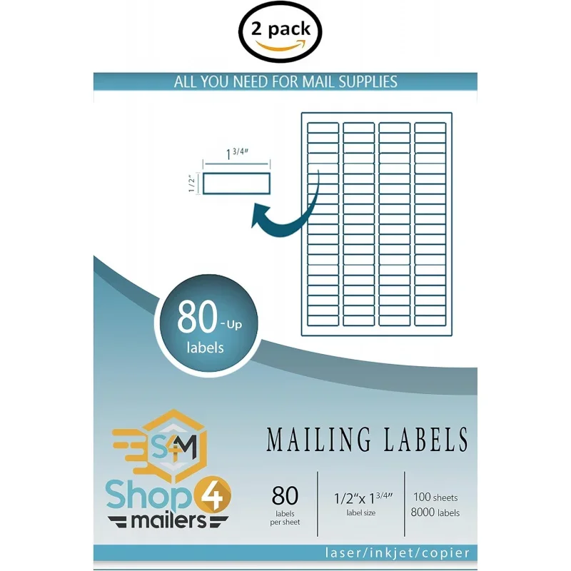 80-Up White Permanent Self Adhesive Labels ½” x 1 ¾” Easy Peel Stickers Laser & Inkjet Printers ~ 1000 Sheets, 8000