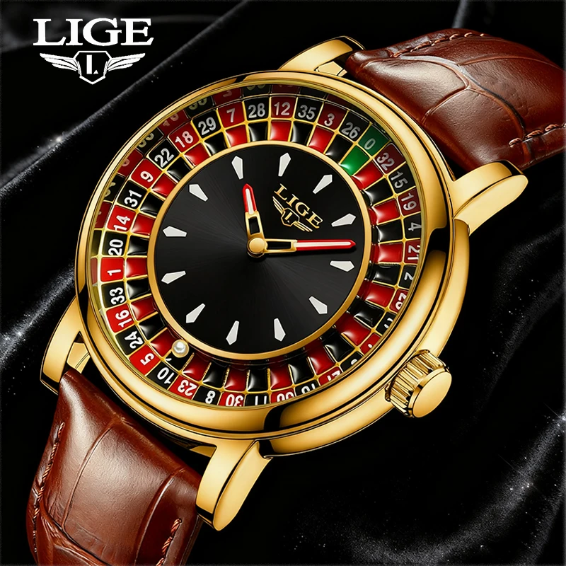 

LIGE Men Watch Fashion Brown Leather Rotating Dial Las Vegas Roulette Desktop Theme Watch Men Waterproof Luminous Clock Watches