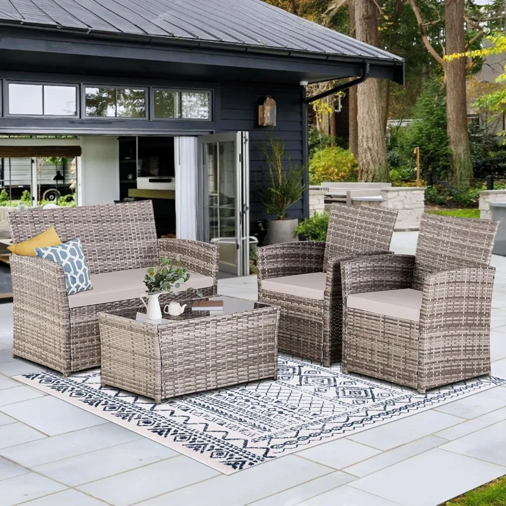 4 Piece Patio Furniture Set,Outdoor Wicker Conversation Sets,Rattan Sectional Sofa W/Coffee Table,Seat Cushions for Backyard