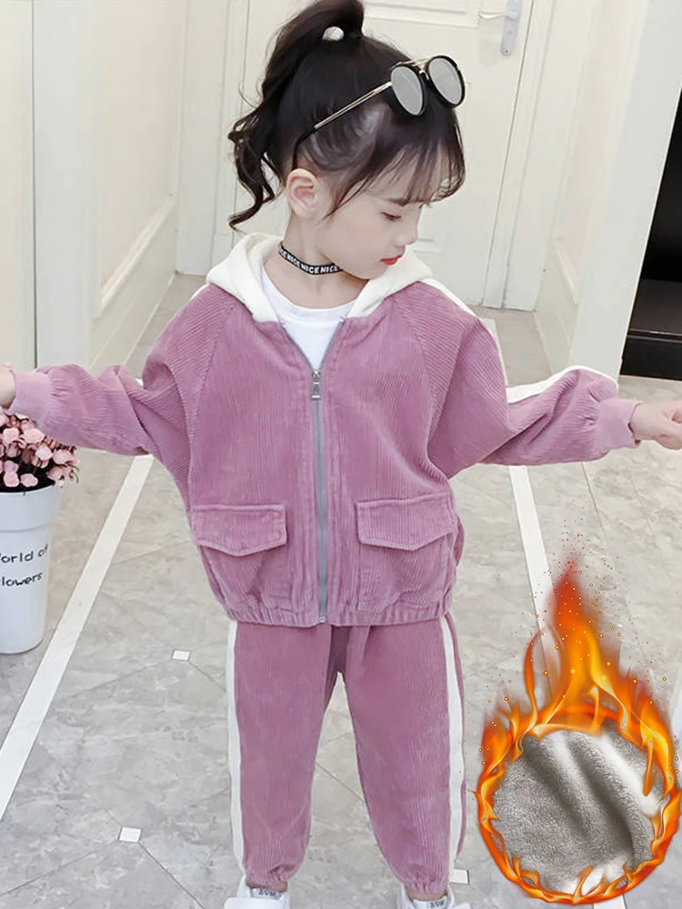 

Plush Lined Kids Corduroy Suit Thicken Hooded Zipper Sweatshirt + Warm Casual Jogger Pants Ensembles Winter Girls 2 Piece Set