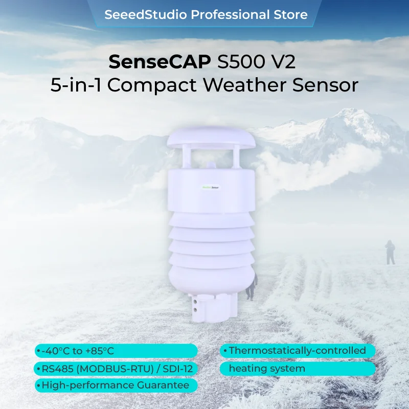 

SenseCAP S500 V2 Компактный датчик погоды 5-в-1 Измеряет температуру воздуха, относительная влажность, барометрическое давление, скорость ветра напрямую