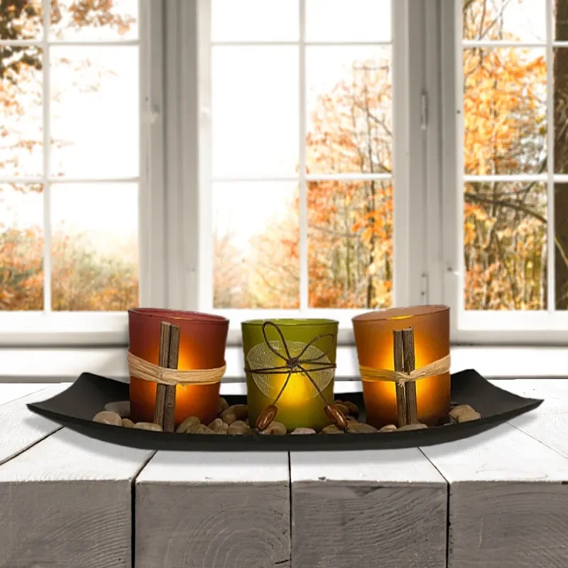 for Wood Glass Set Leaf Black Hollow Wax Table LED Electronic Candle Table Ornament Ins Style Wedding Home Decor