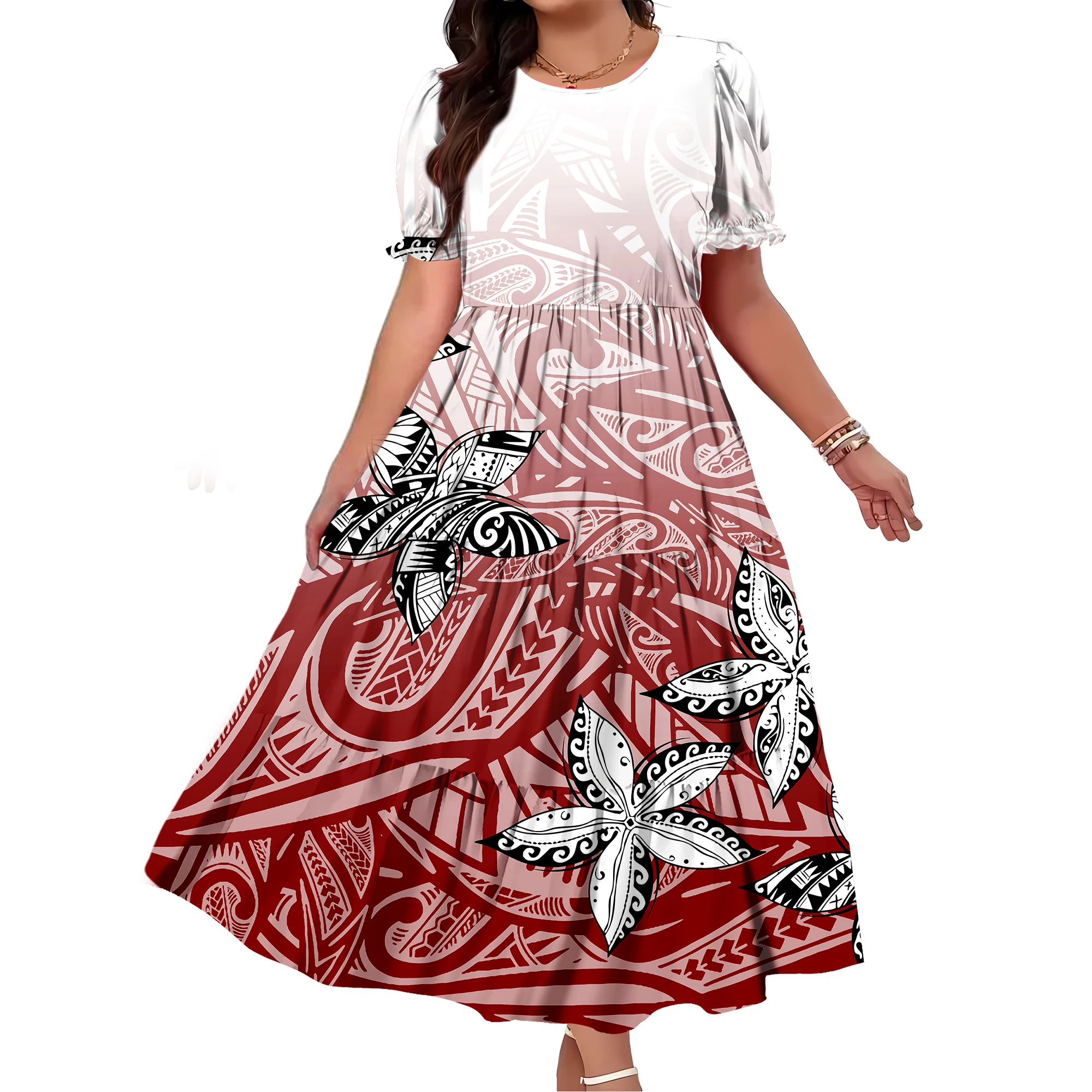 Nuevo vestido largo informal de cintura alta con mangas abullonadas y cuello redondo para mujer de verano con estampado Floral polinesio