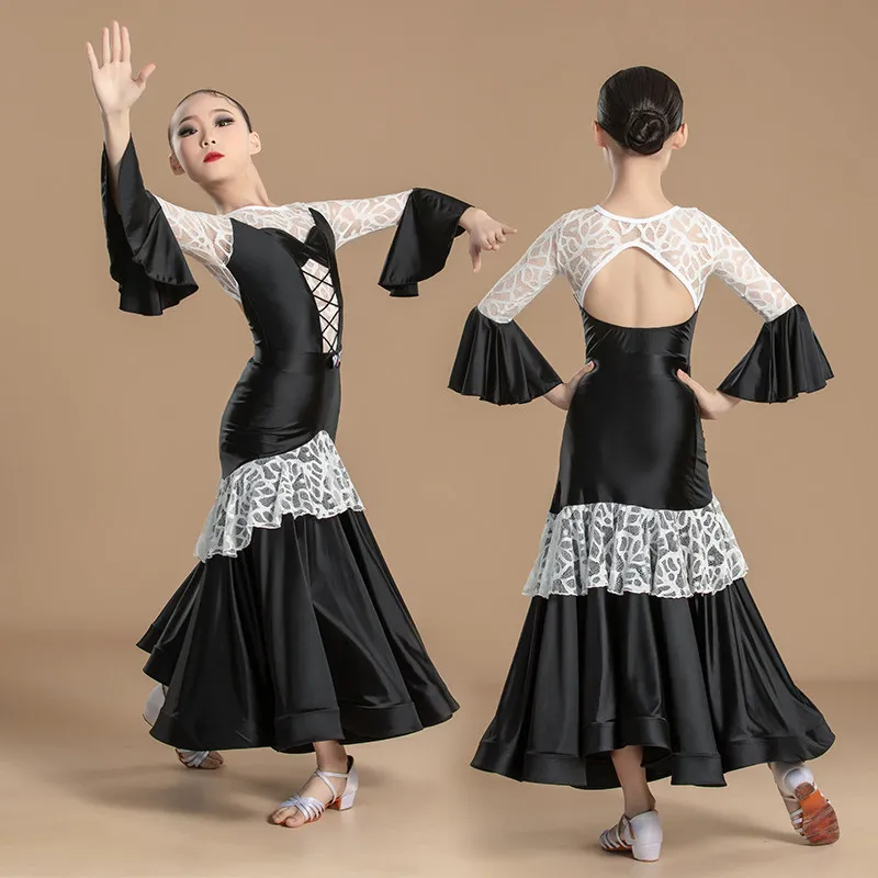 

Girls Professional Modern Dance Waltz Dance Lace Backless Big Swing Performance Wear Ballroom Dance Competition Dress DN22606