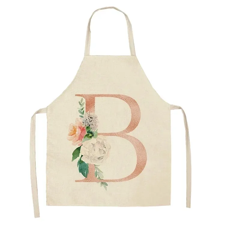 Pink Letter Flower Kitchen Aprons for Women Cotton Linen Bibs Household Cleaning Pinafore Home Cooking Apron