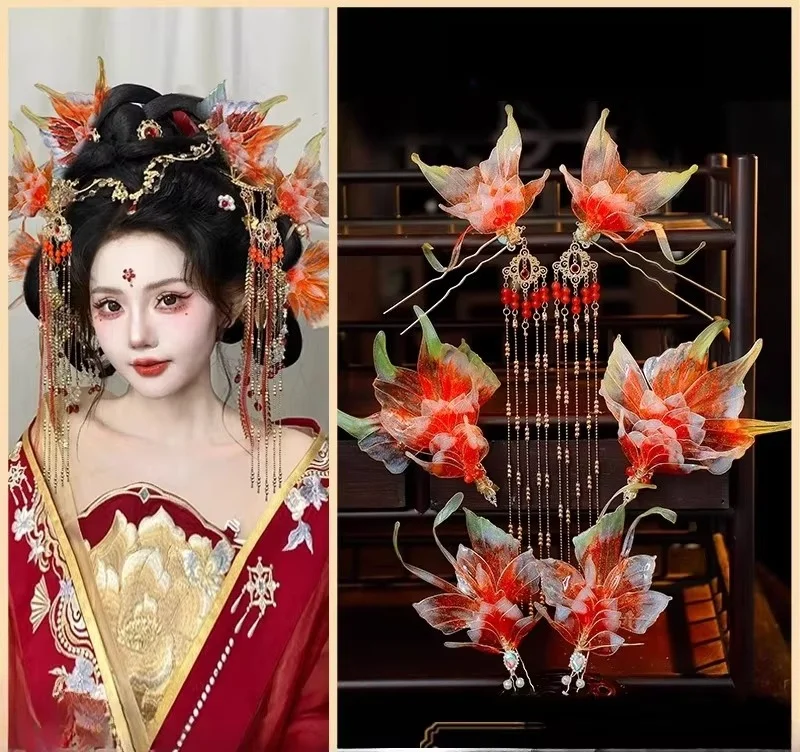 Hanfu koi hairpin flower liquid long tassel gradual change hair accessories combination set elf good luck daily antique accessor