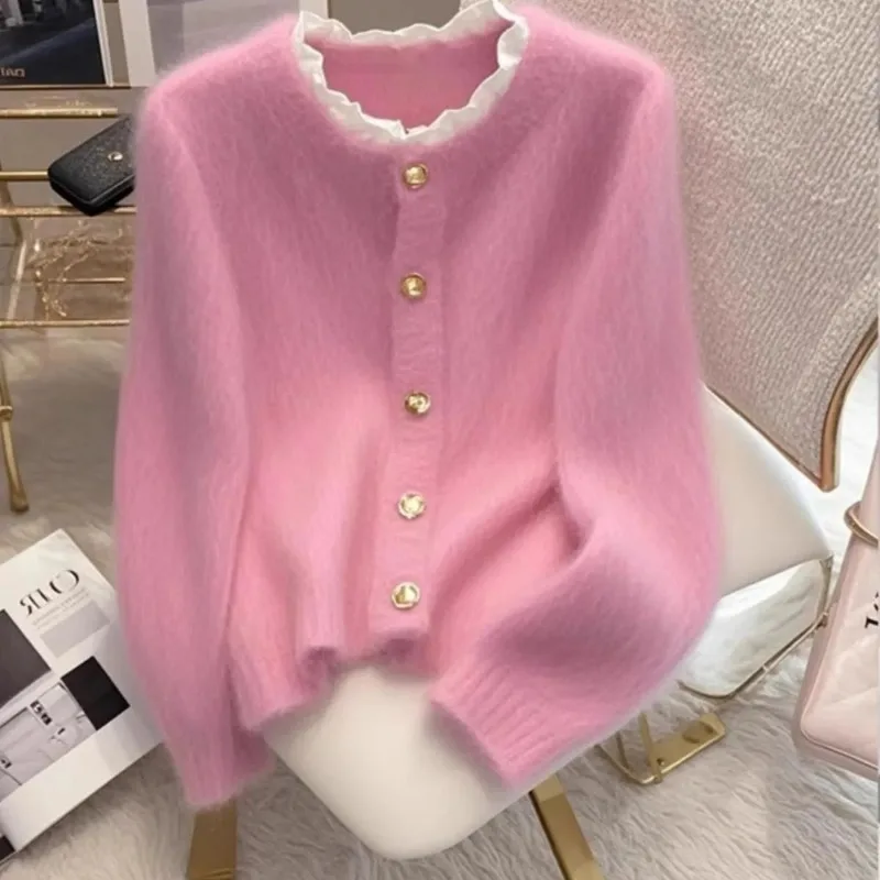 

2025 Autumn and Winter Fashionable Korean Retro Soft and Waxy Lazy Style Sweater High-end Pink Sweater Jacket