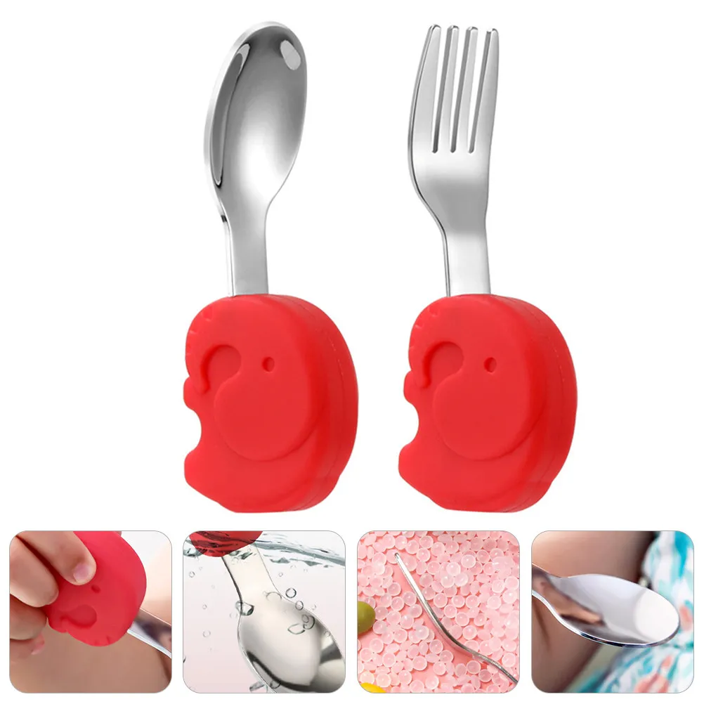 

1Set Baby Tableware Toddler Fork Spoon Silicone Spoon and Fork Cartoon Training Baby -Feeding Utensils Learning