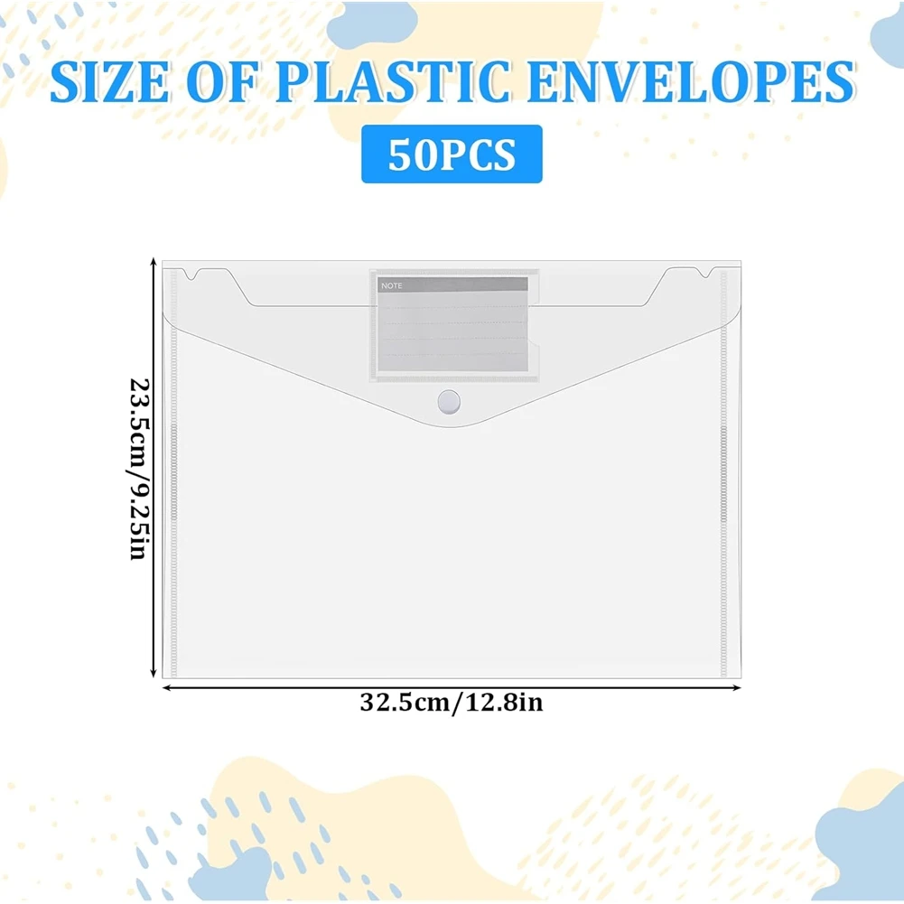 A95Q-File Folders With Snap Button Closure- 50 Pcs Plastic Envelopes Document Organizer For Letter A4 Size In Home Office