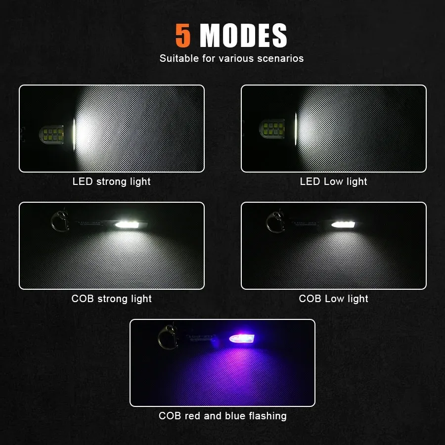 Powerful Mini COB LED Keychain Flashlight USB C Rechargeable Hanging Work Light Waterproof Keyring Camping Walking Pocket Lamp