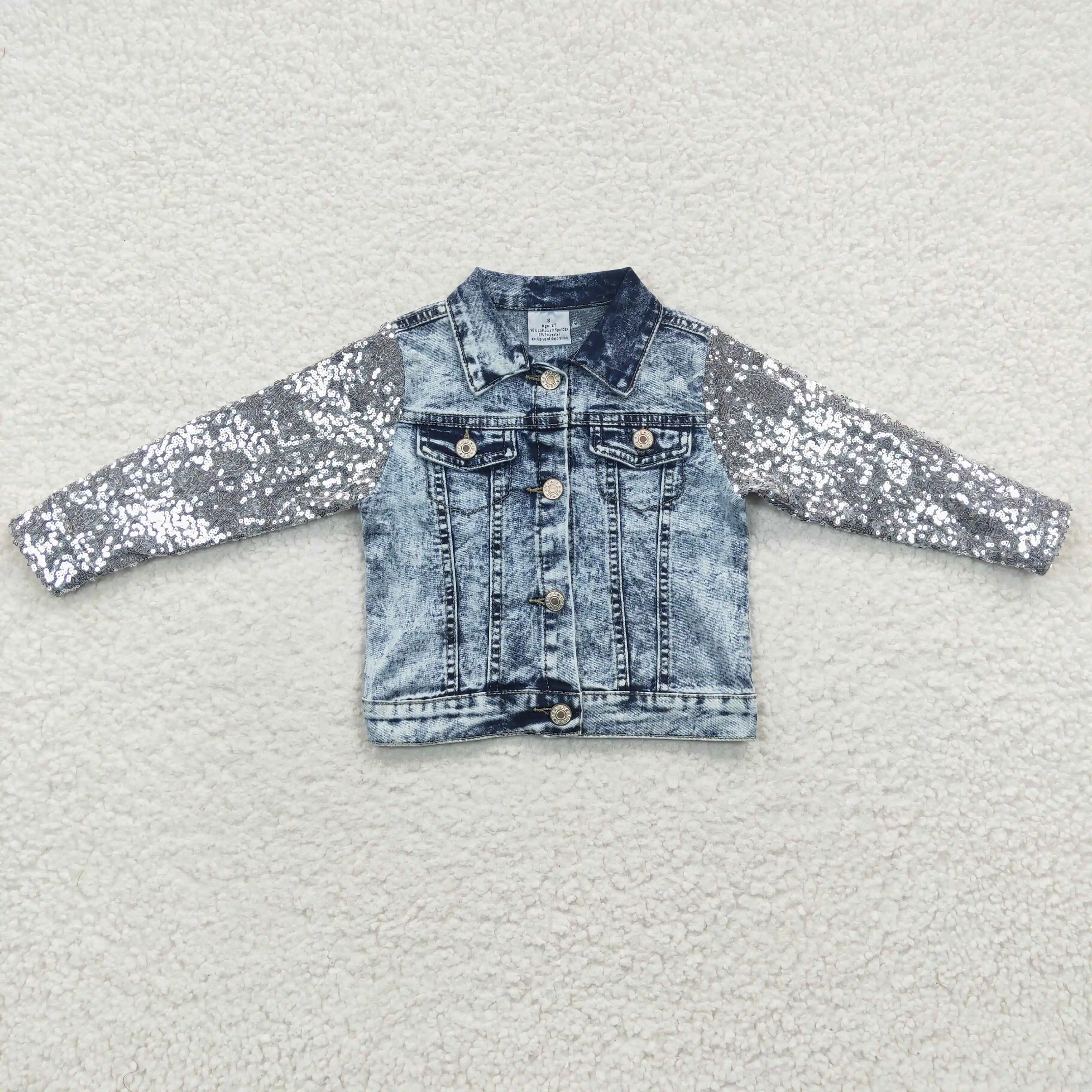 2023 New Update RTS NO MOQ Children Boutique Clothing Girls Blue Denim Coats Kids Sequined Jackets