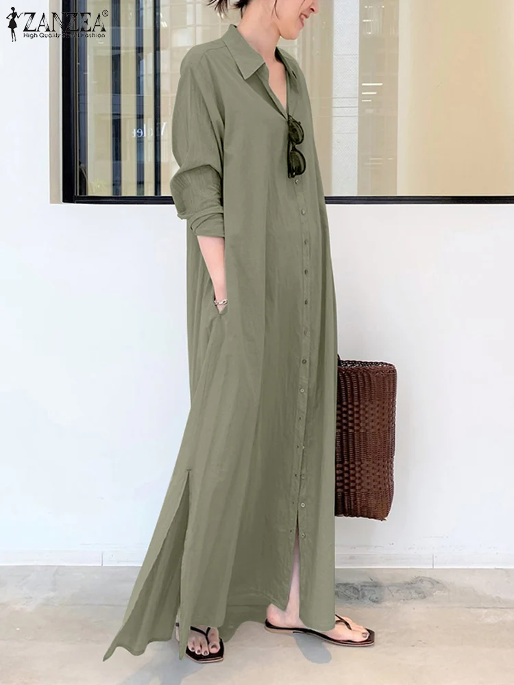 ZANZEA Mode Herbst Hemd Kleid Frauen Maxi Kleider Buttons Up Robe Revers Hals Langarm Vestidos Casual Baggy Urlaub Kaftan